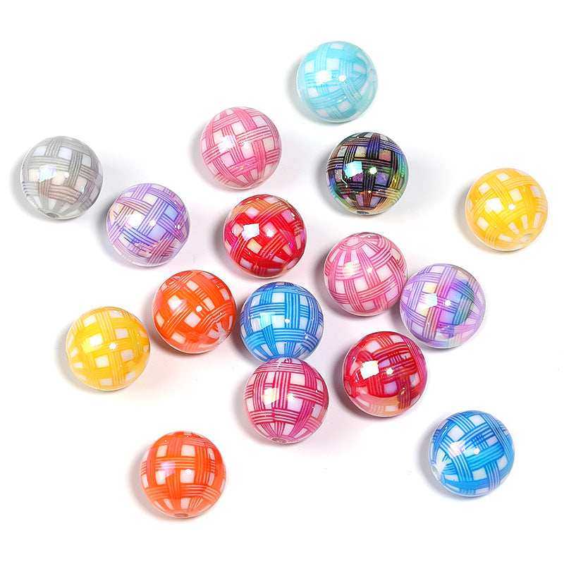 Wholesale Colorful Houndstooth Pattern Printed Beads Striped Plaid Acrylic Round Beads